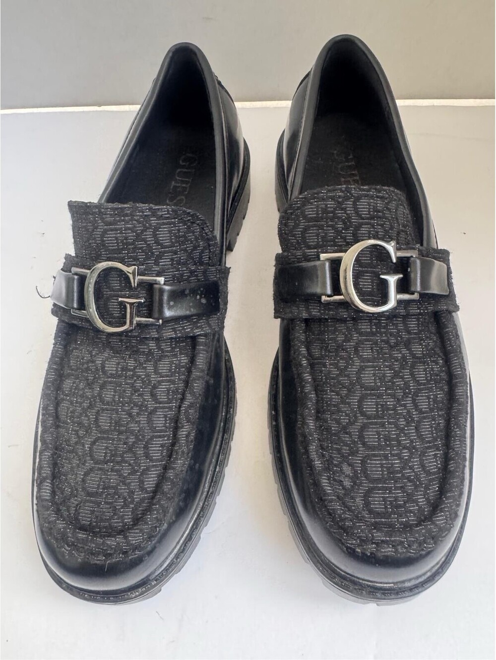 GUESS Druu Men’s Loafer — Black Logo Jacquard & Metal Buckle Accen